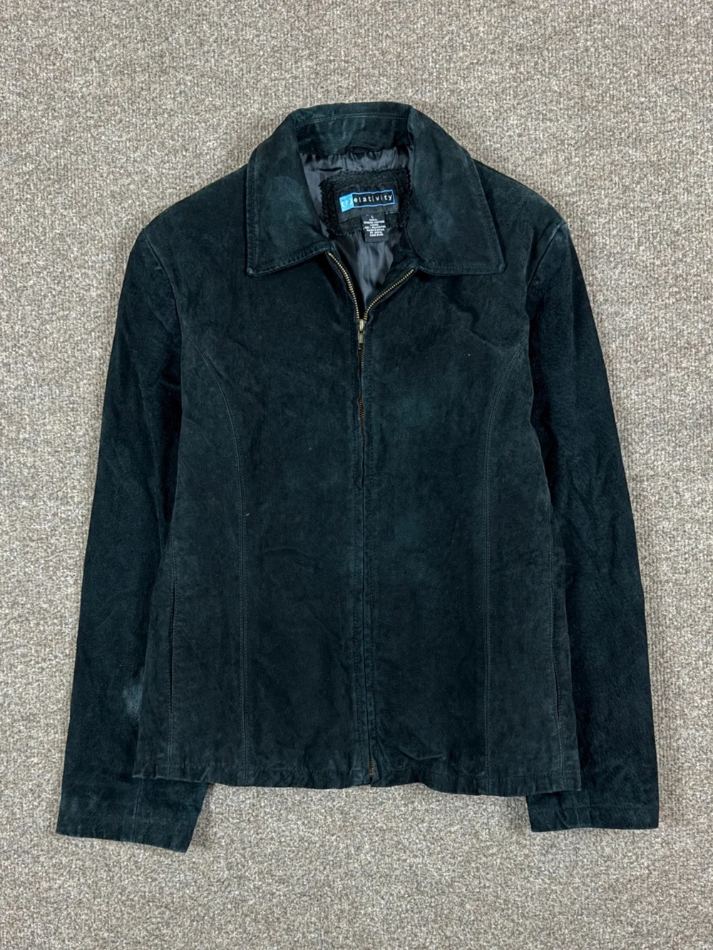Vintage Black Suede Leather Full Zip Collared Jacket Women’s L Lightweight Y2K